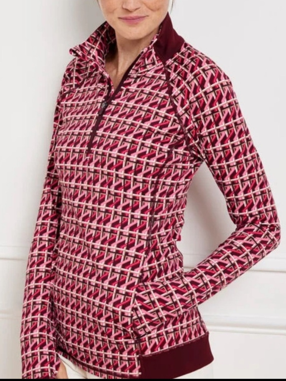 Like New T by Talbots Layered Lines 1/2 Zip Pullover in Pink & Burgundy, medium